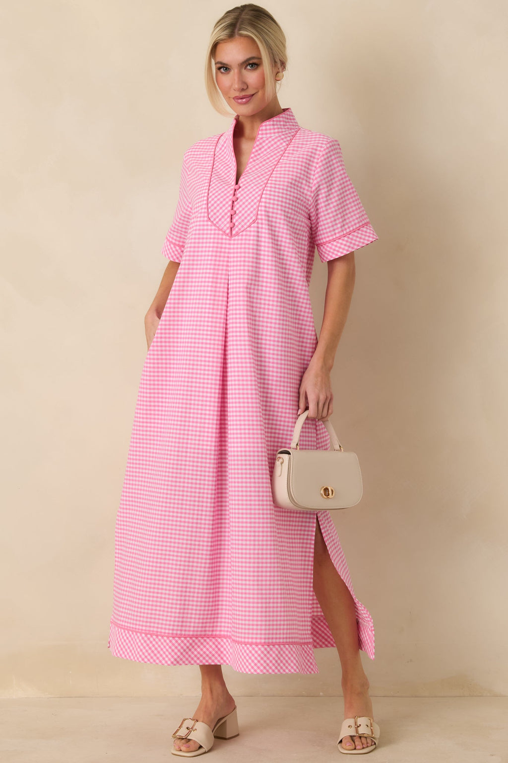 Afternoon Plans Pink Gingham Cotton V-Neck Maxi Dress