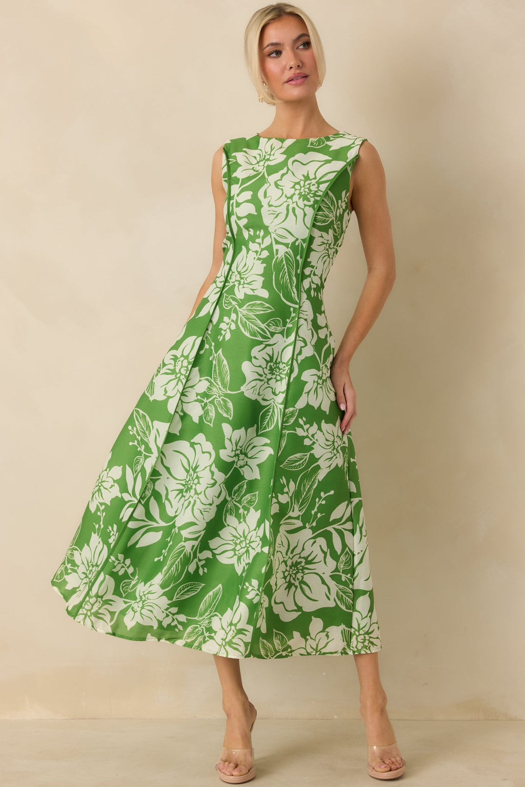 A Beautiful Becoming Green Floral Print Sleeveless Midi Dress
