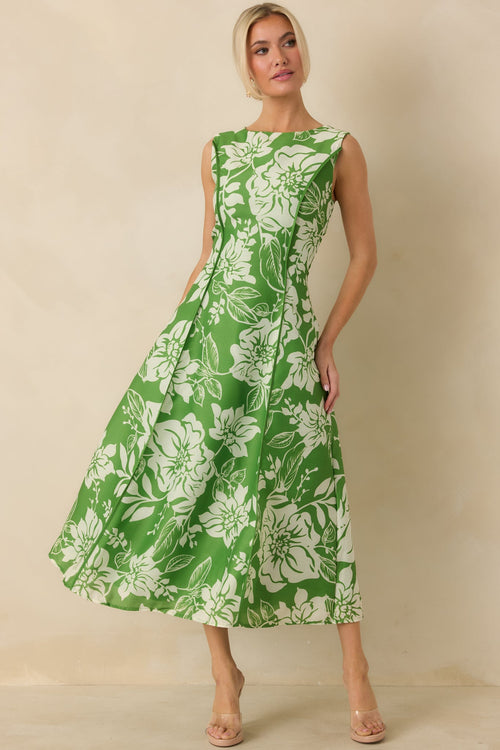 A Beautiful Becoming Green Floral Print Sleeveless Midi Dress