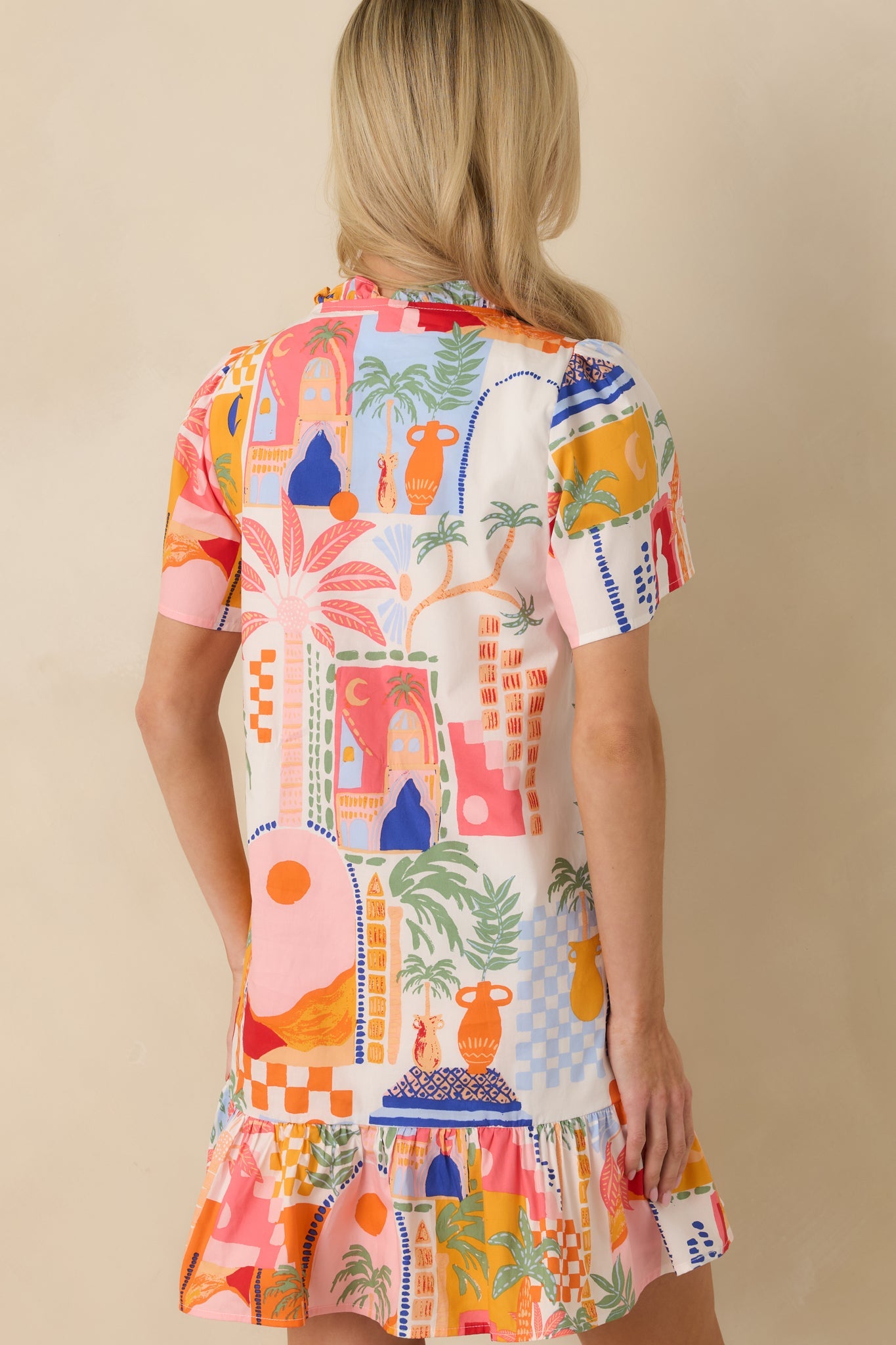 A Place in The Sun Orange & Pink Multi Cotton V-Neck Mini Dress