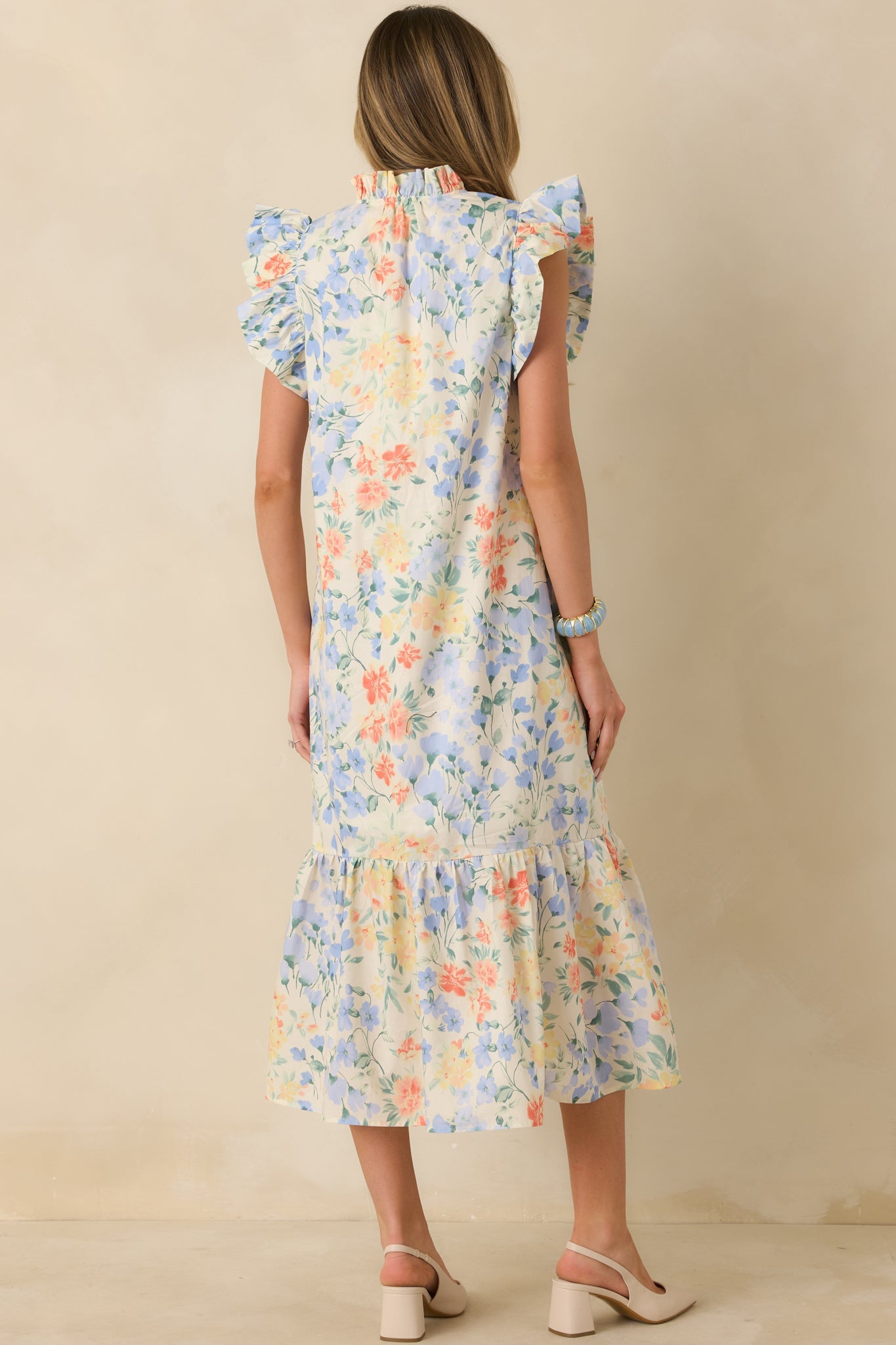 A Lovely Place to Be Ivory Multi Pastel Florals Flutter Sleeve Midi Dress