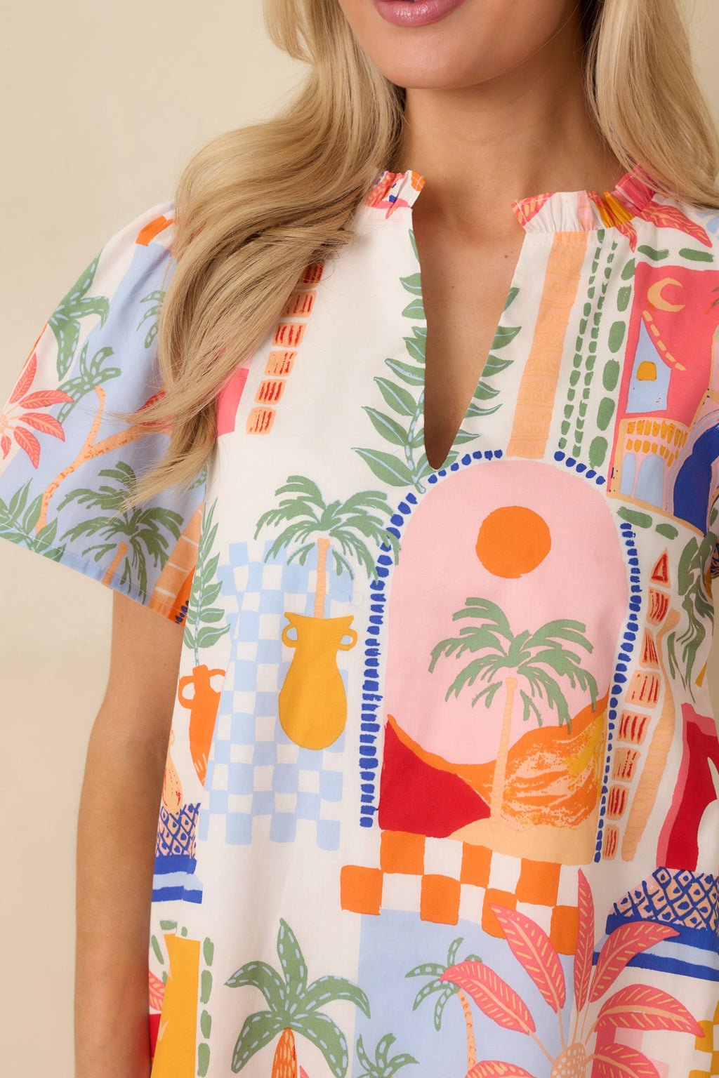 A Place in The Sun Orange & Pink Multi Cotton V-Neck Mini Dress