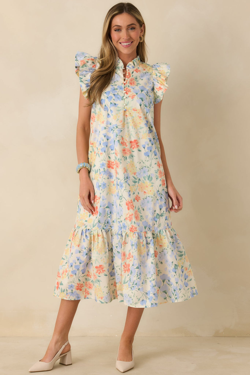 A Lovely Place to Be Ivory Multi Pastel Florals Flutter Sleeve Midi Dress