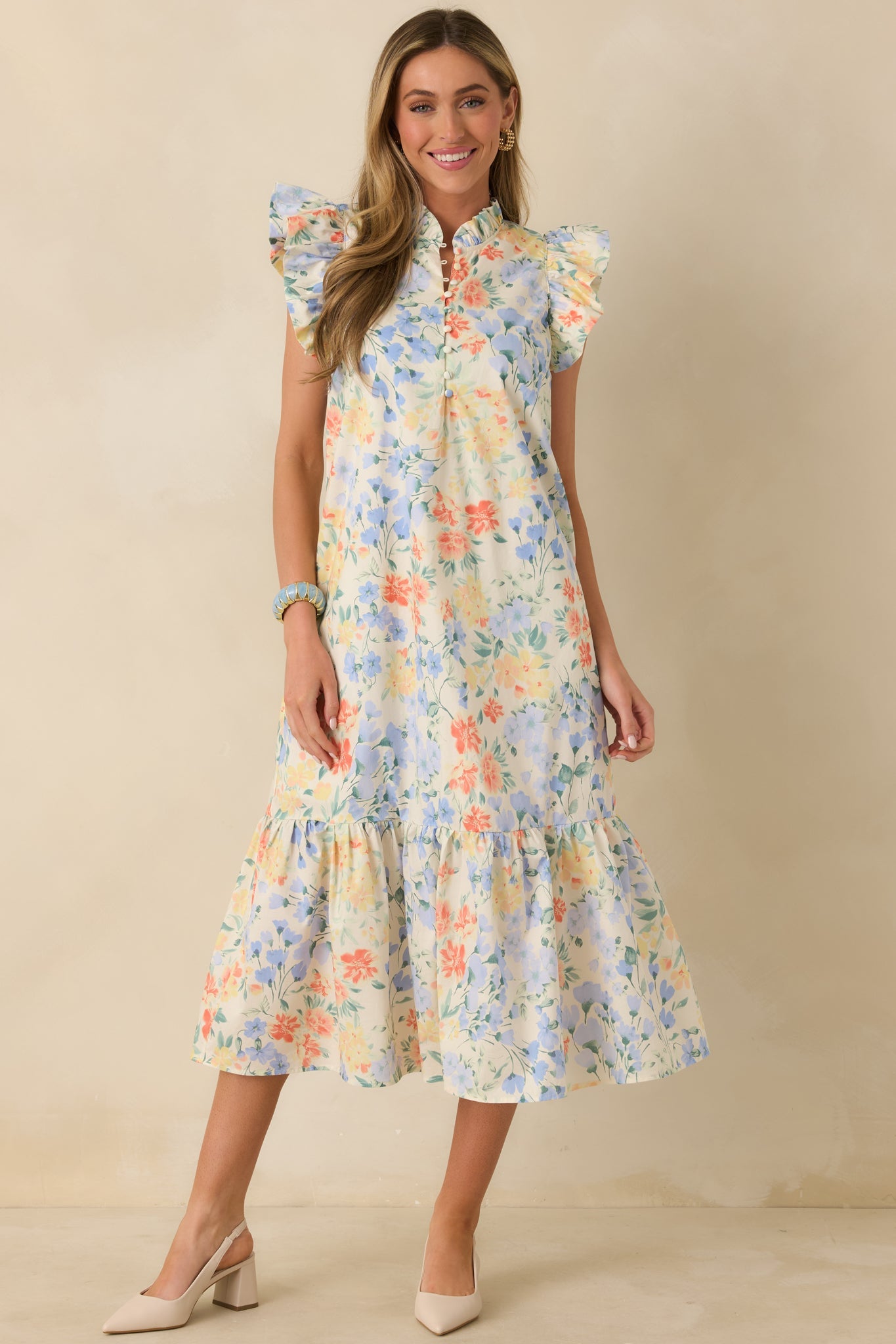 A Lovely Place to Be Ivory Multi Pastel Florals Flutter Sleeve Midi Dress