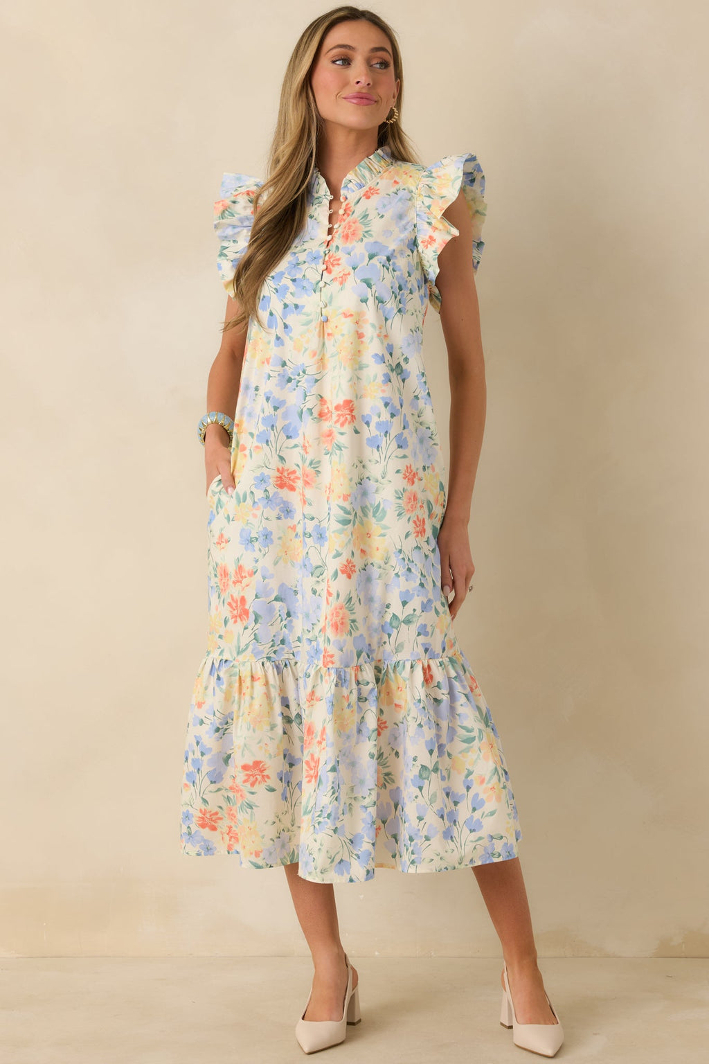 A Lovely Place to Be Ivory Multi Pastel Florals Flutter Sleeve Midi Dress