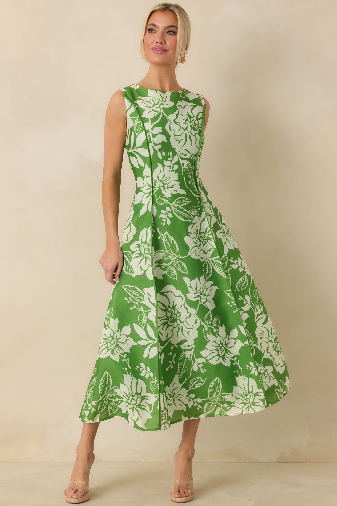 A Beautiful Becoming Green Floral Print Sleeveless Midi Dress