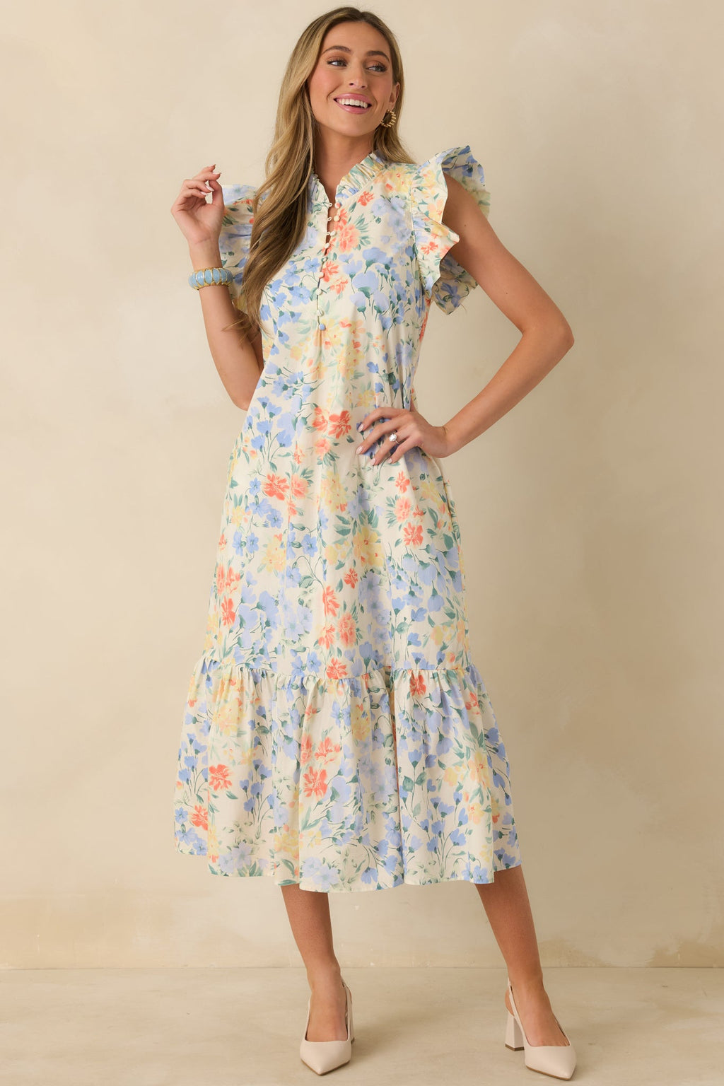 A Lovely Place to Be Ivory Multi Pastel Florals Flutter Sleeve Midi Dress