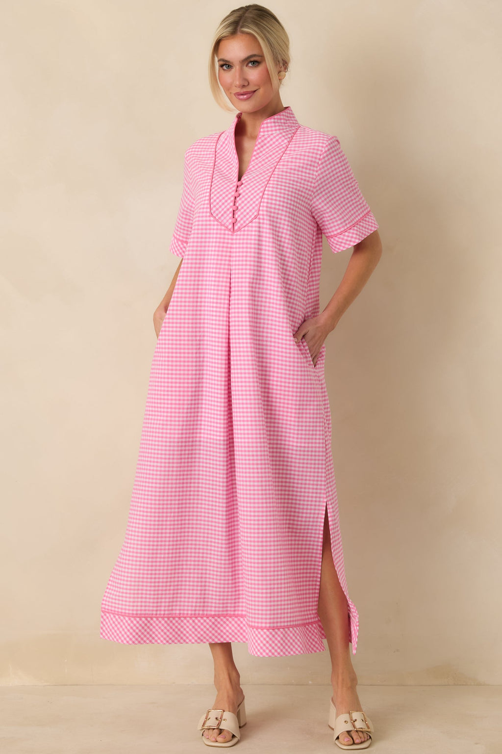 Afternoon Plans Pink Gingham Cotton V-Neck Maxi Dress