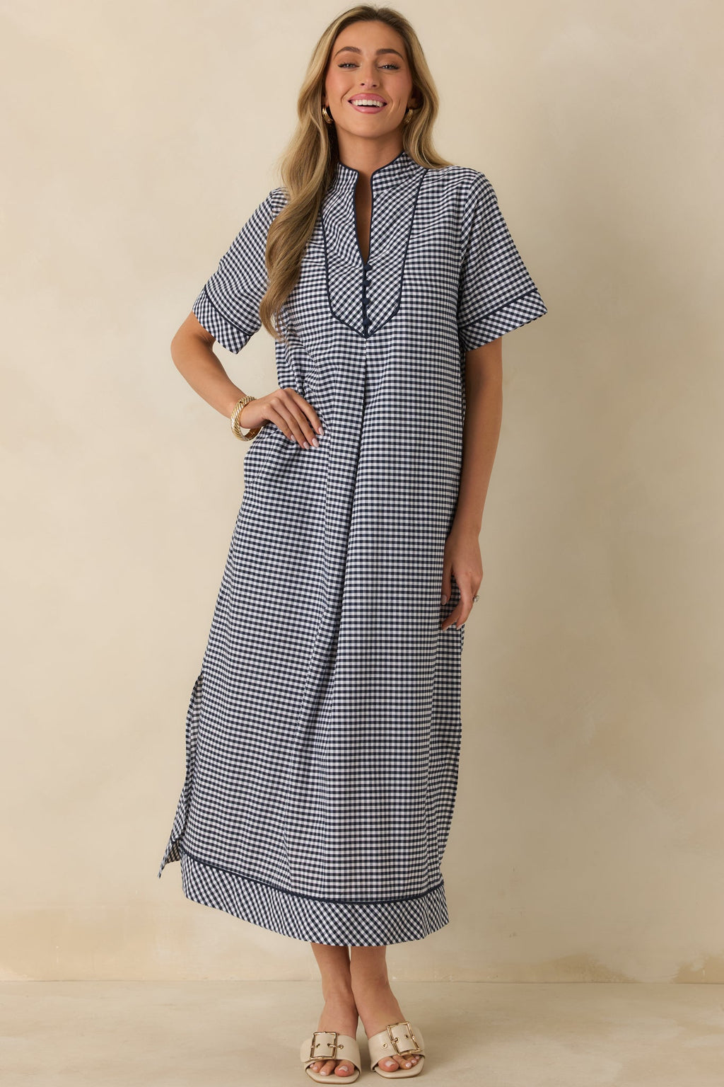 Afternoon Plans Navy Gingham Cotton V-Neck Maxi Dress