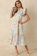 A Lovely Place to Be Ivory Multi Pastel Florals Flutter Sleeve Midi Dress