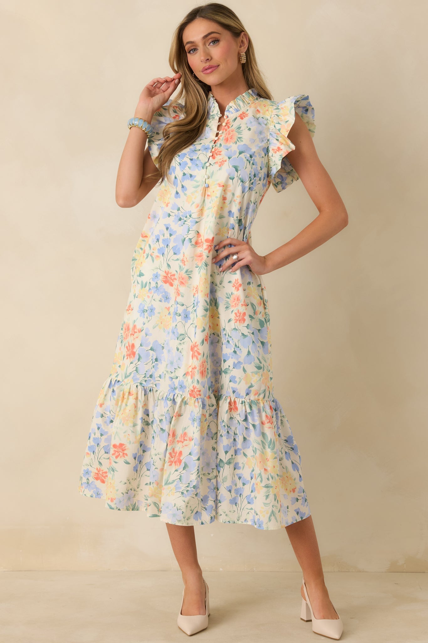 A Lovely Place to Be Ivory Multi Pastel Florals Flutter Sleeve Midi Dress