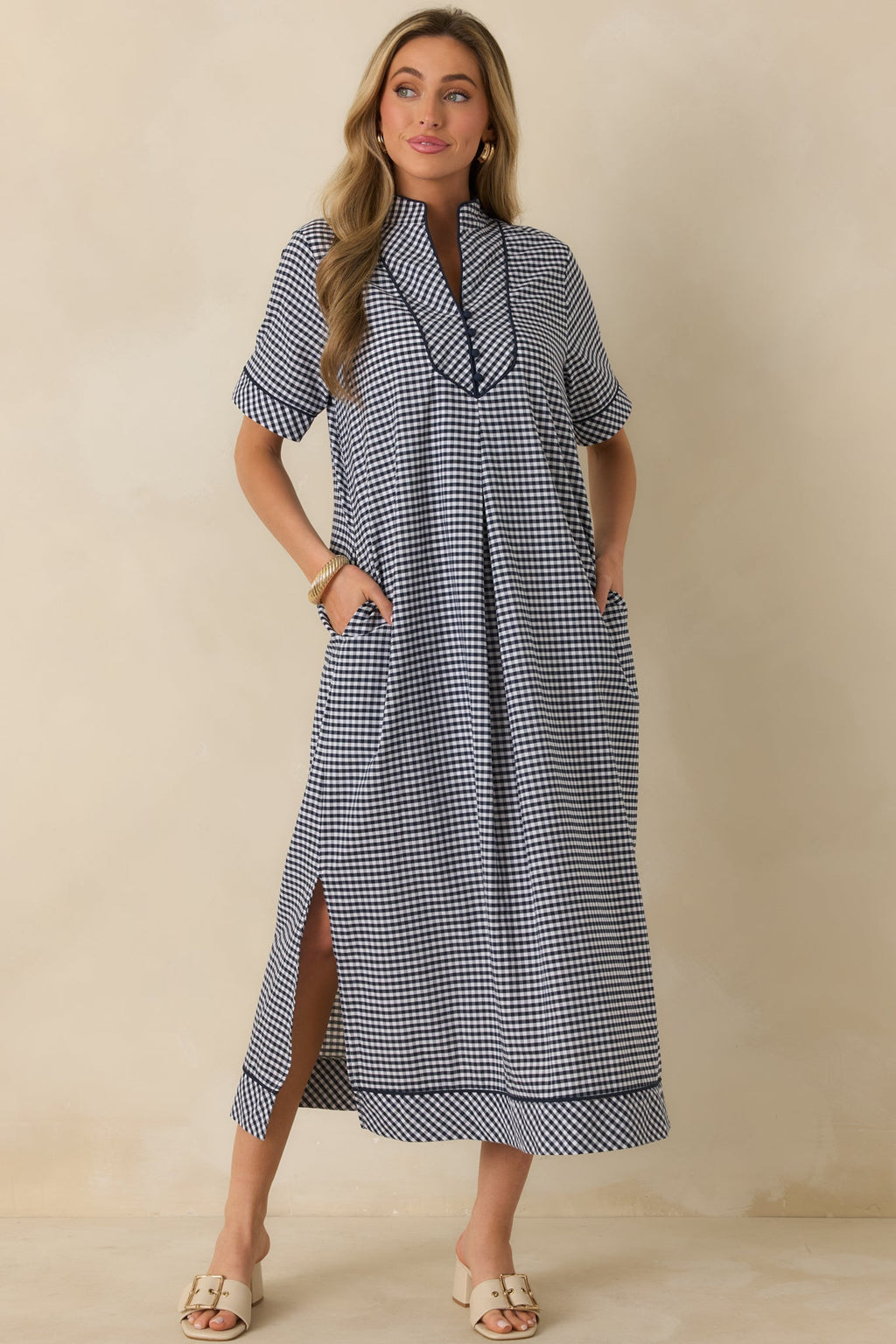 Afternoon Plans Navy Gingham Cotton V-Neck Maxi Dress