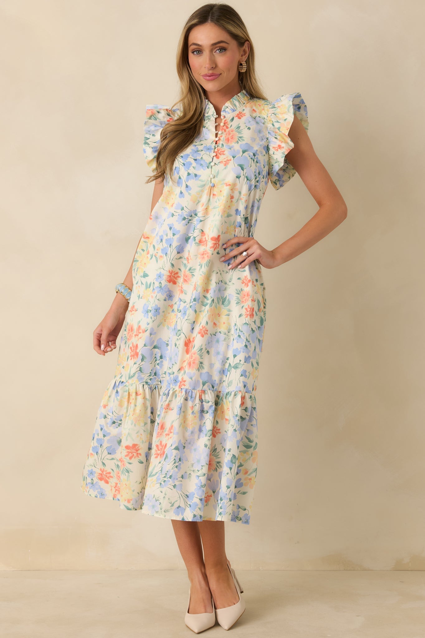 A Lovely Place to Be Ivory Multi Pastel Florals Flutter Sleeve Midi Dress