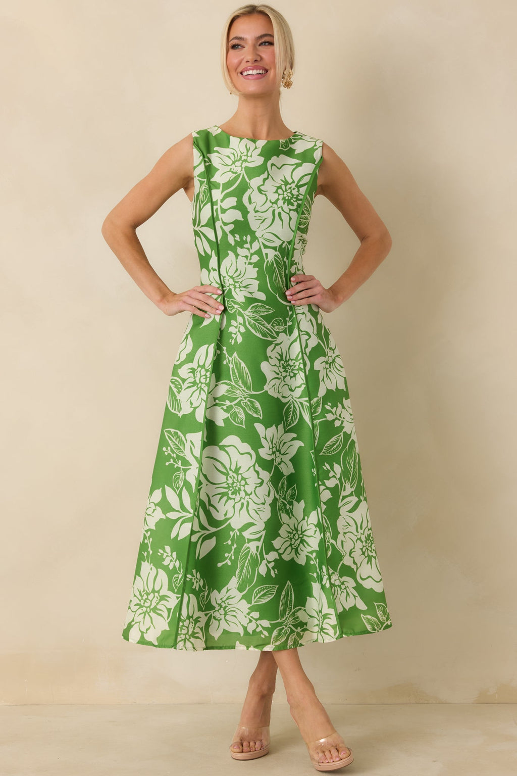 A Beautiful Becoming Green Floral Print Sleeveless Midi Dress