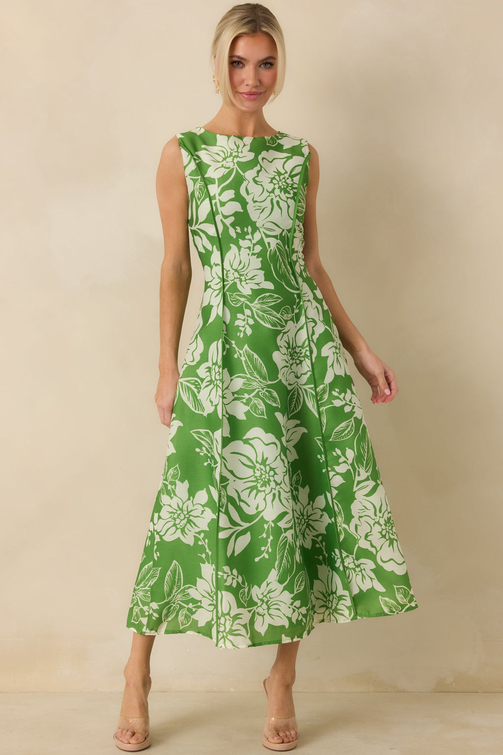 A Beautiful Becoming Green Floral Print Sleeveless Midi Dress