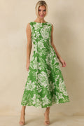 A Beautiful Becoming Green Floral Print Sleeveless Midi Dress