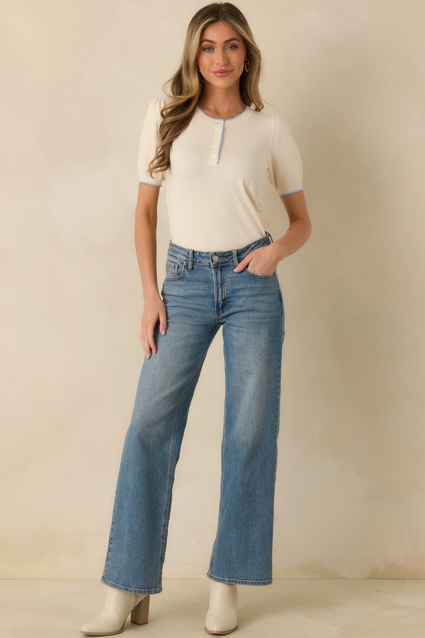 A Little Love Ivory Knit Contrast Short Sleeve Sweater