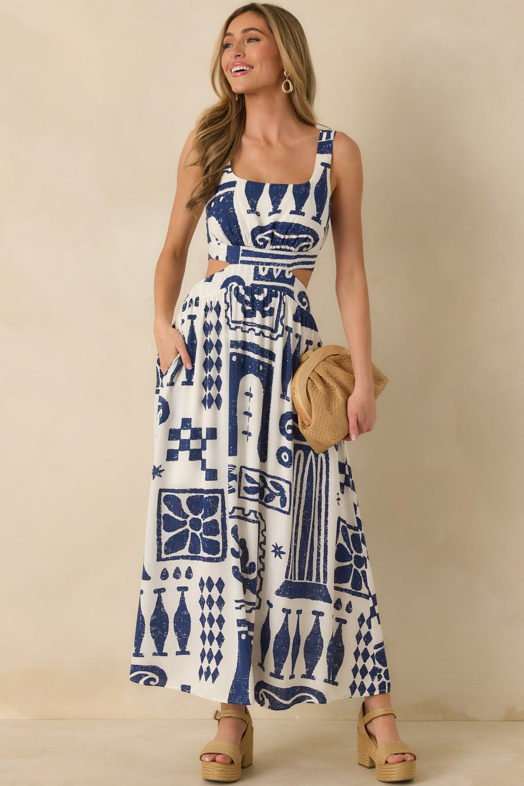 Aegean Dreams Navy & White Mediterranean Cut-Out Tie-Back Maxi Dress