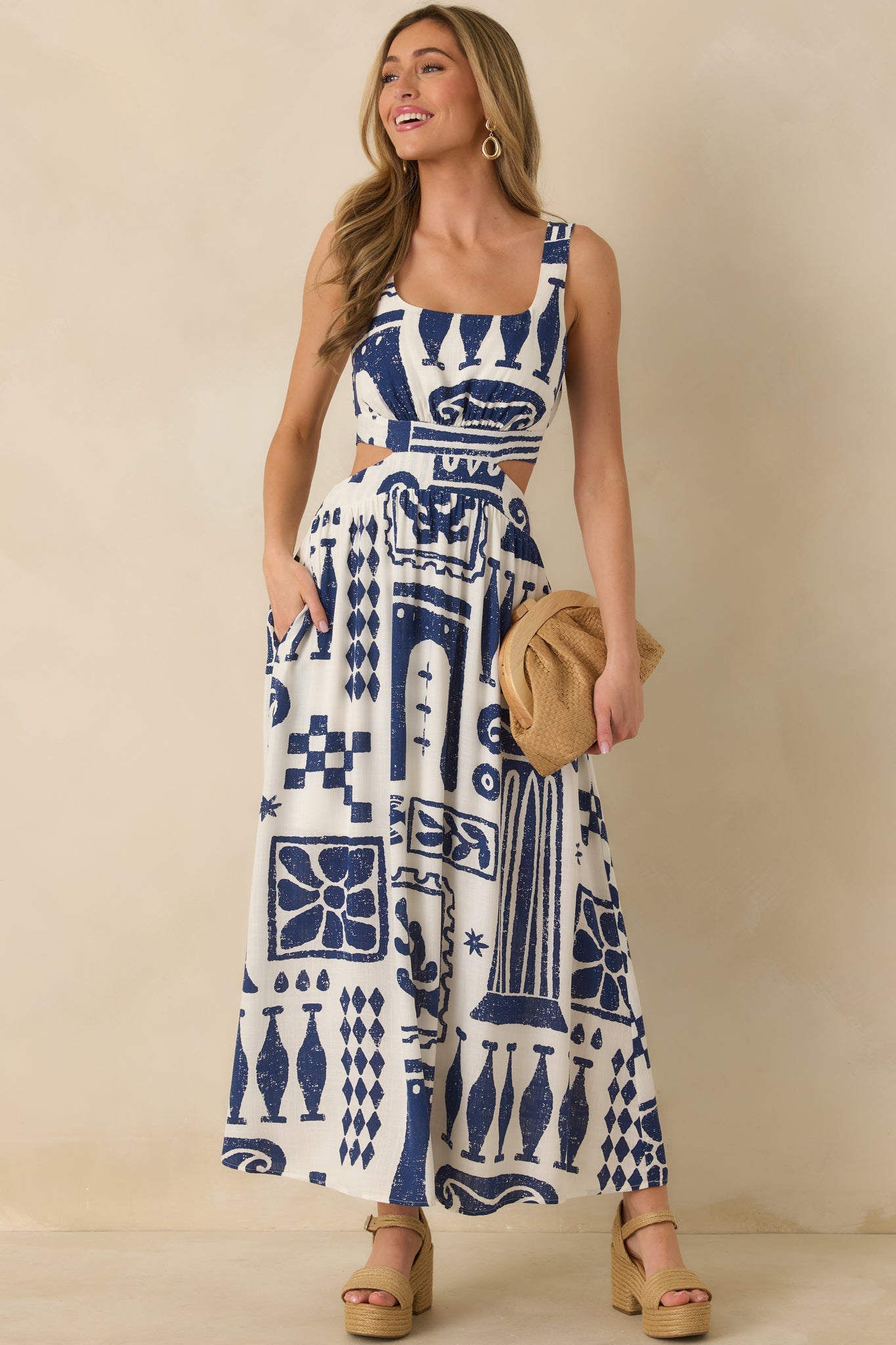 Aegean Dreams Navy & White Mediterranean Cut-Out Tie-Back Maxi Dress
