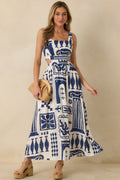 Aegean Dreams Navy & White Mediterranean Cut-Out Tie-Back Maxi Dress