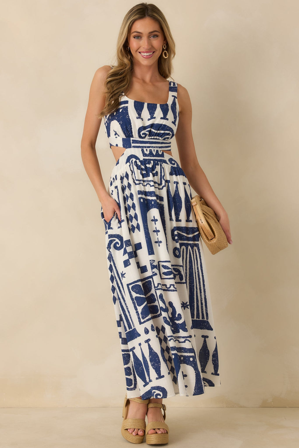 Aegean Dreams Navy & White Mediterranean Cut-Out Tie-Back Maxi Dress