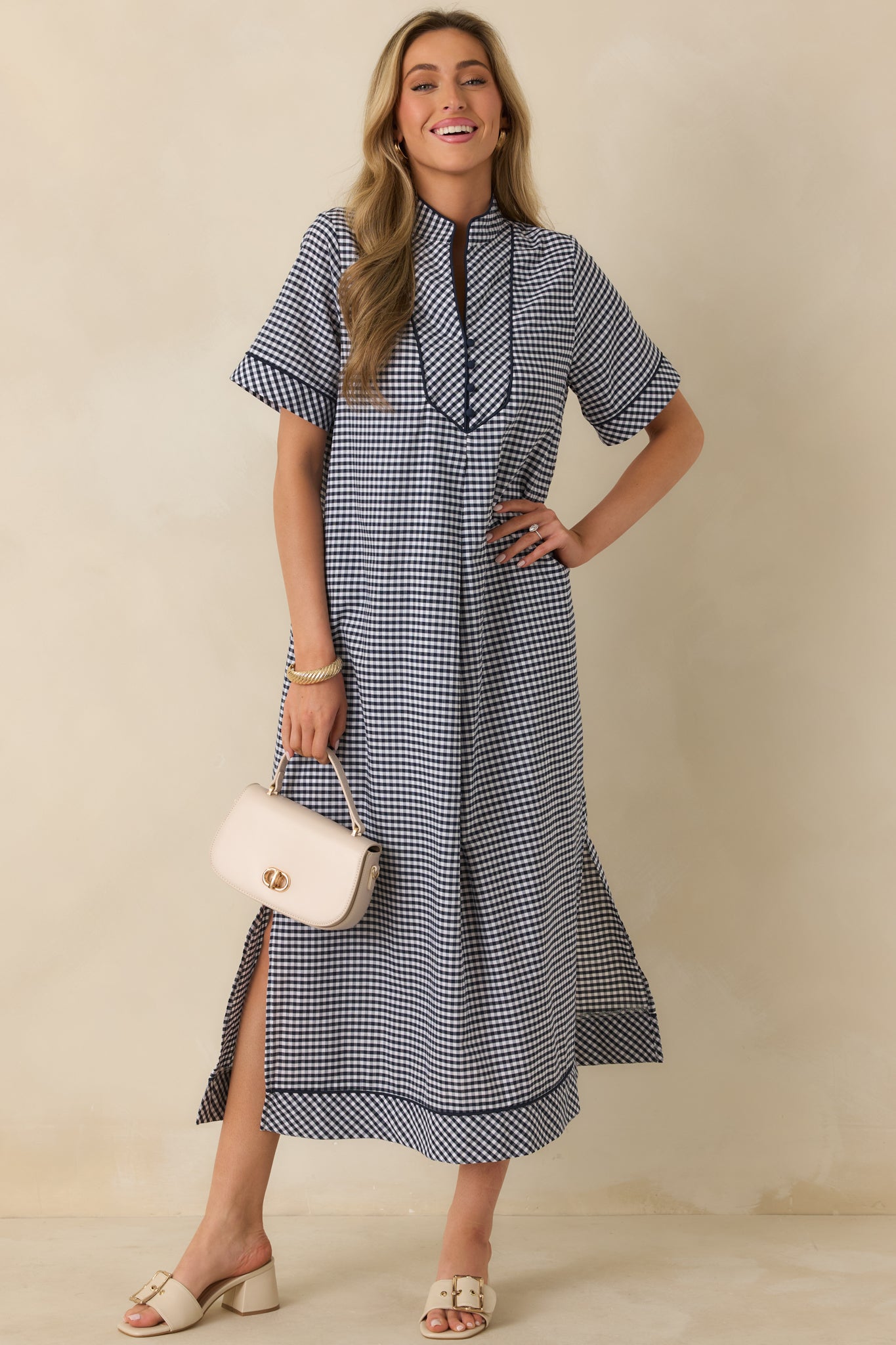 Afternoon Plans Navy Gingham Cotton V-Neck Maxi Dress