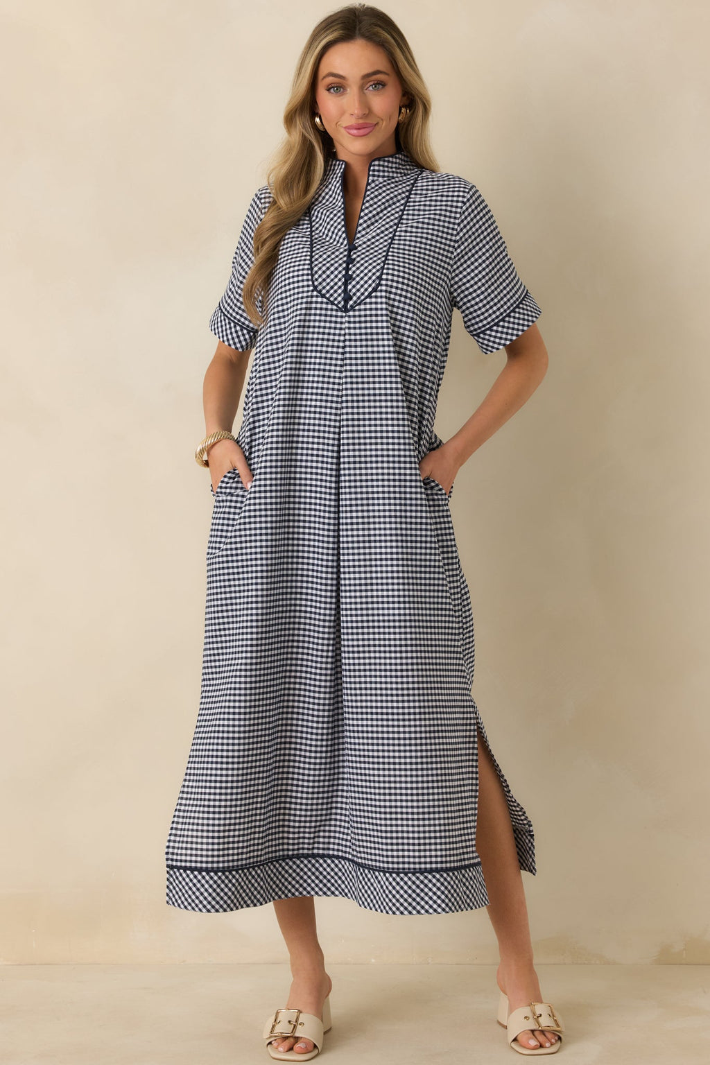 Afternoon Plans Navy Gingham Cotton V-Neck Maxi Dress
