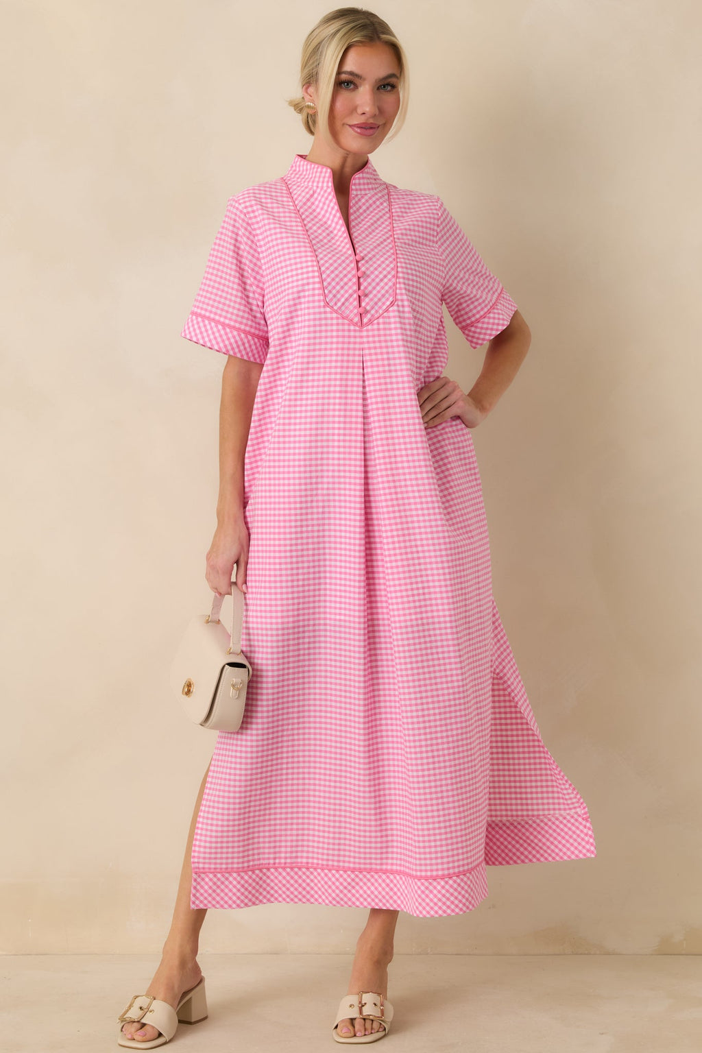 Afternoon Plans Pink Gingham Cotton V-Neck Maxi Dress