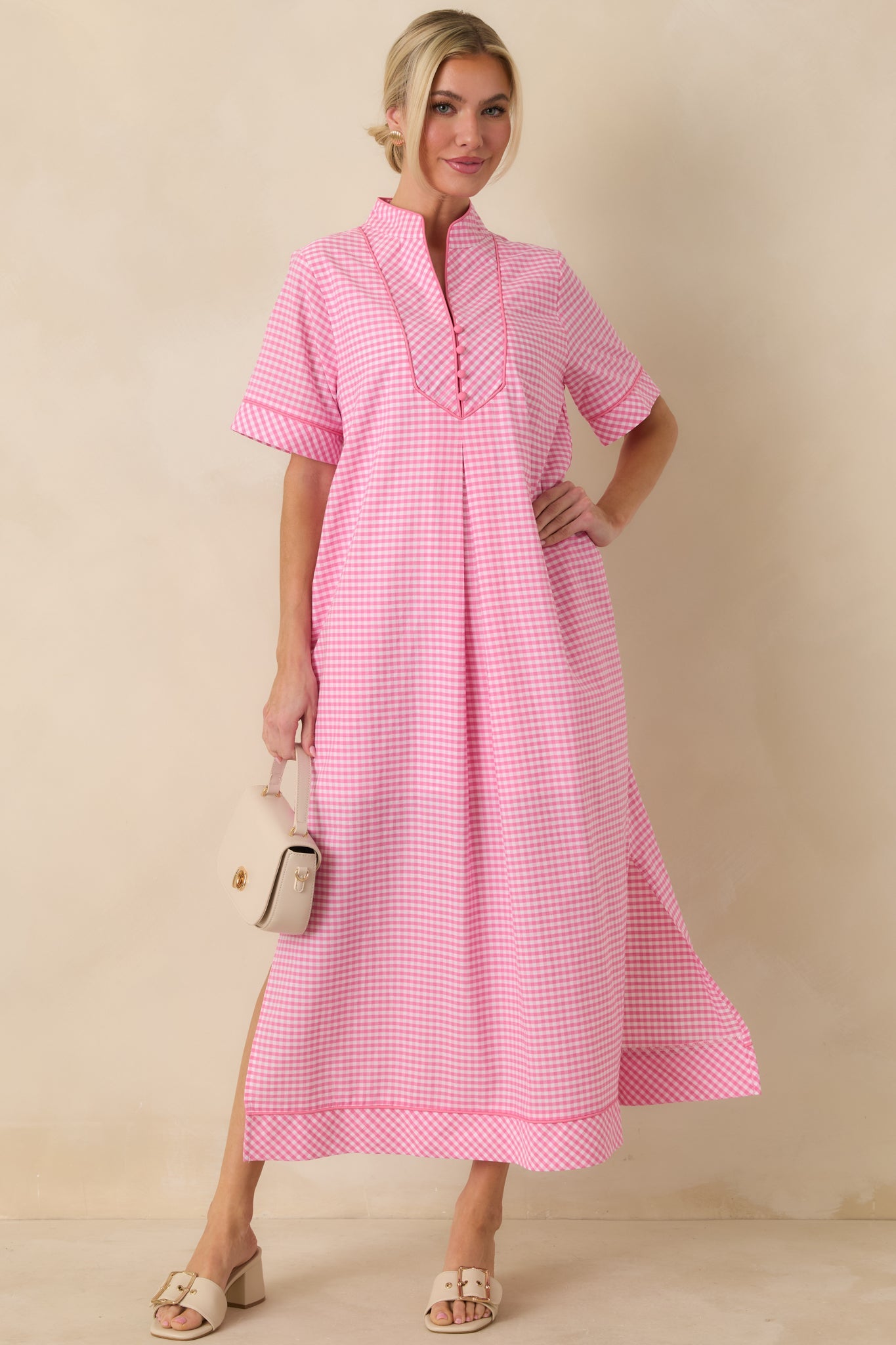 Afternoon Plans Pink Gingham Cotton V-Neck Maxi Dress