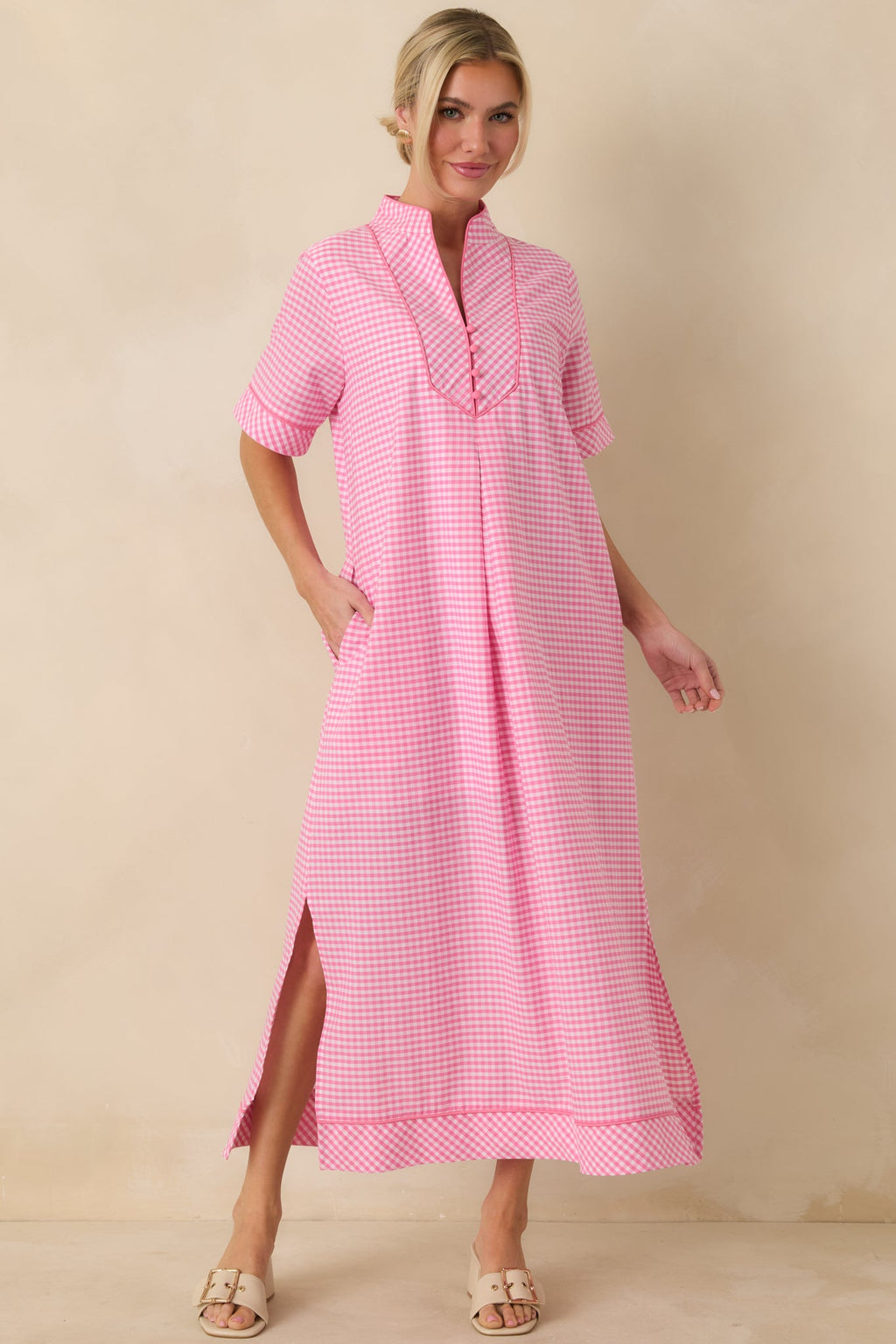 Afternoon Plans Pink Gingham Cotton V-Neck Maxi Dress