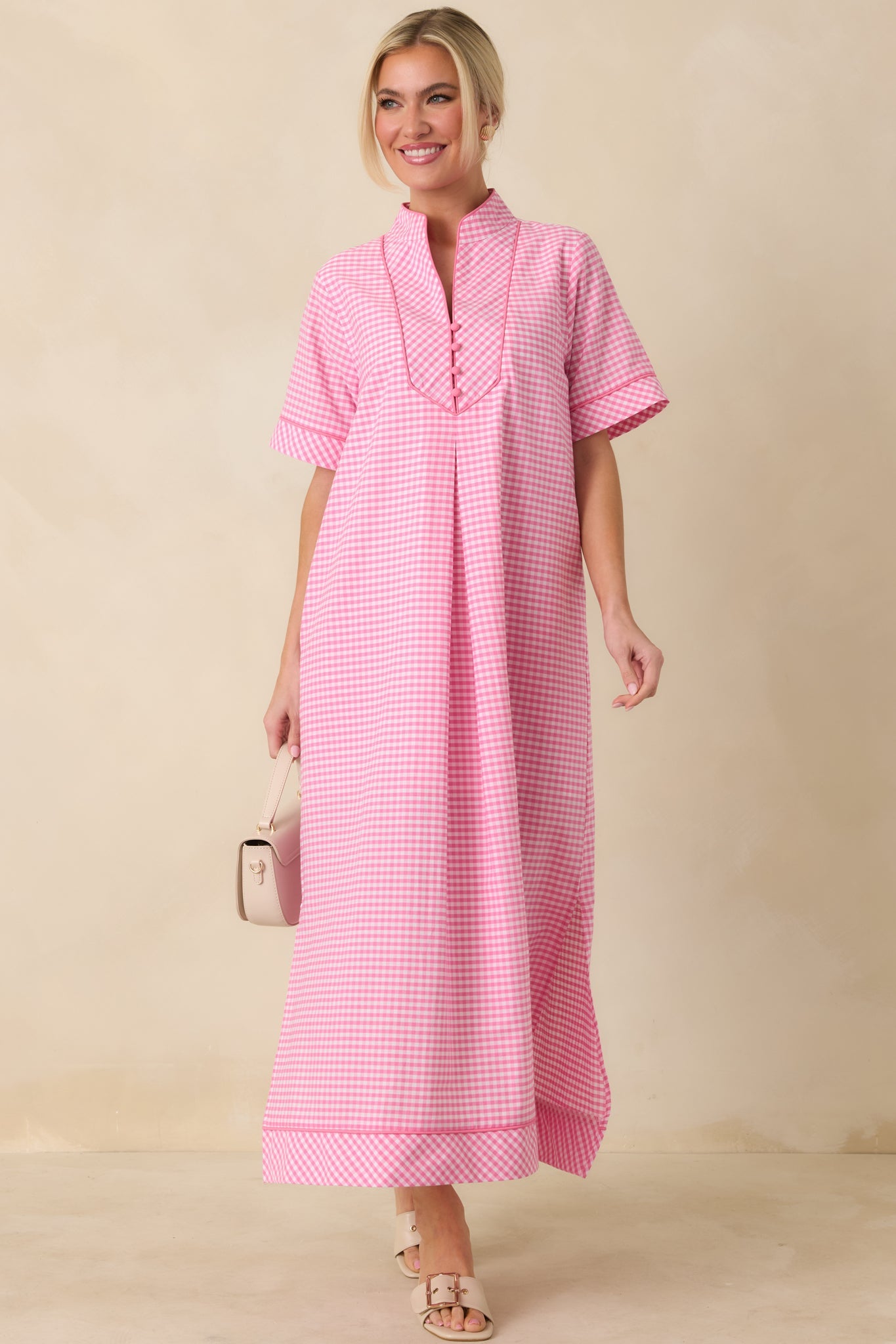Afternoon Plans Pink Gingham Cotton V-Neck Maxi Dress
