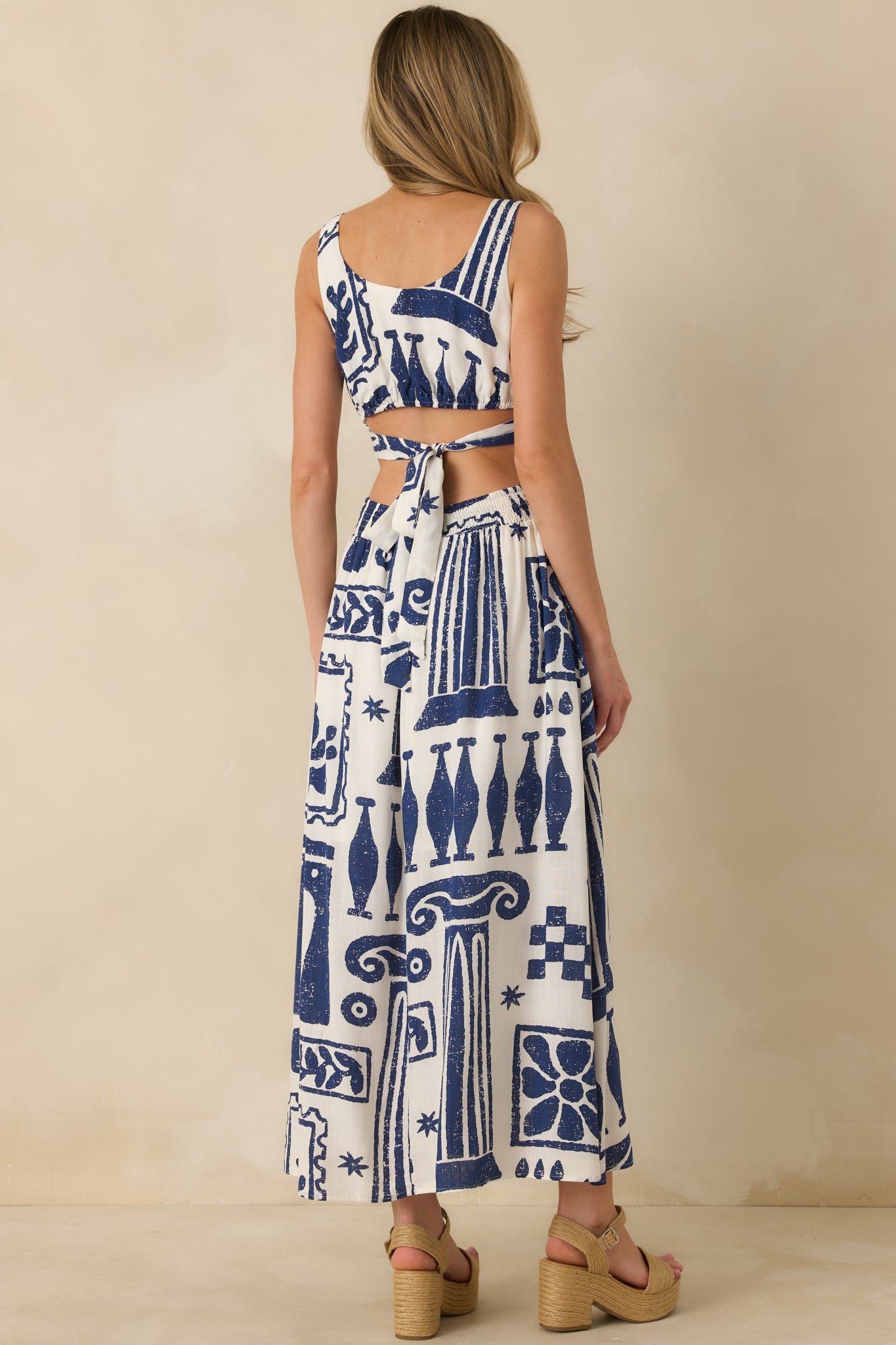 Aegean Dreams Navy & White Mediterranean Cut-Out Tie-Back Maxi Dress