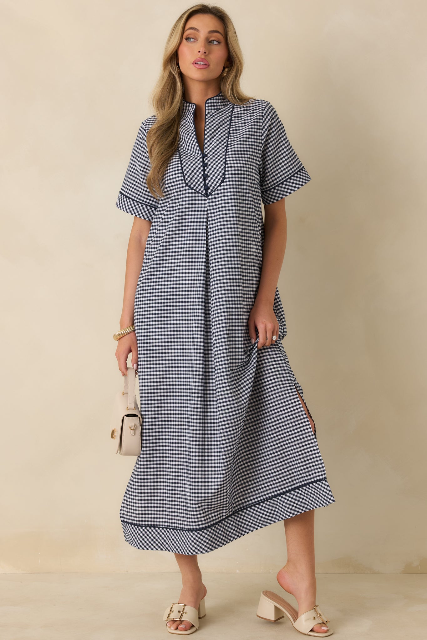 Afternoon Plans Navy Gingham Cotton V-Neck Maxi Dress