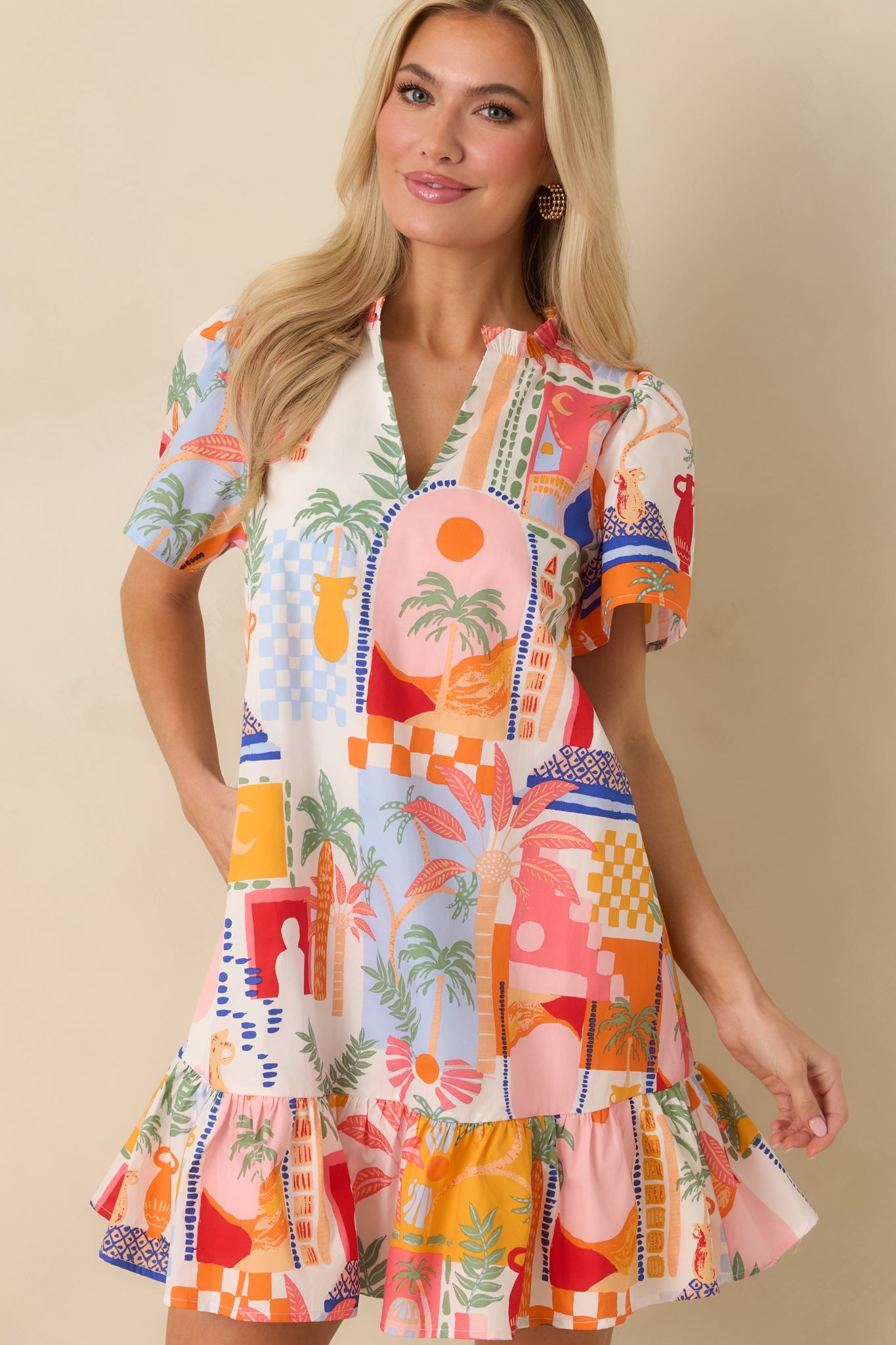 A Place in The Sun Orange & Pink Multi Cotton V-Neck Mini Dress