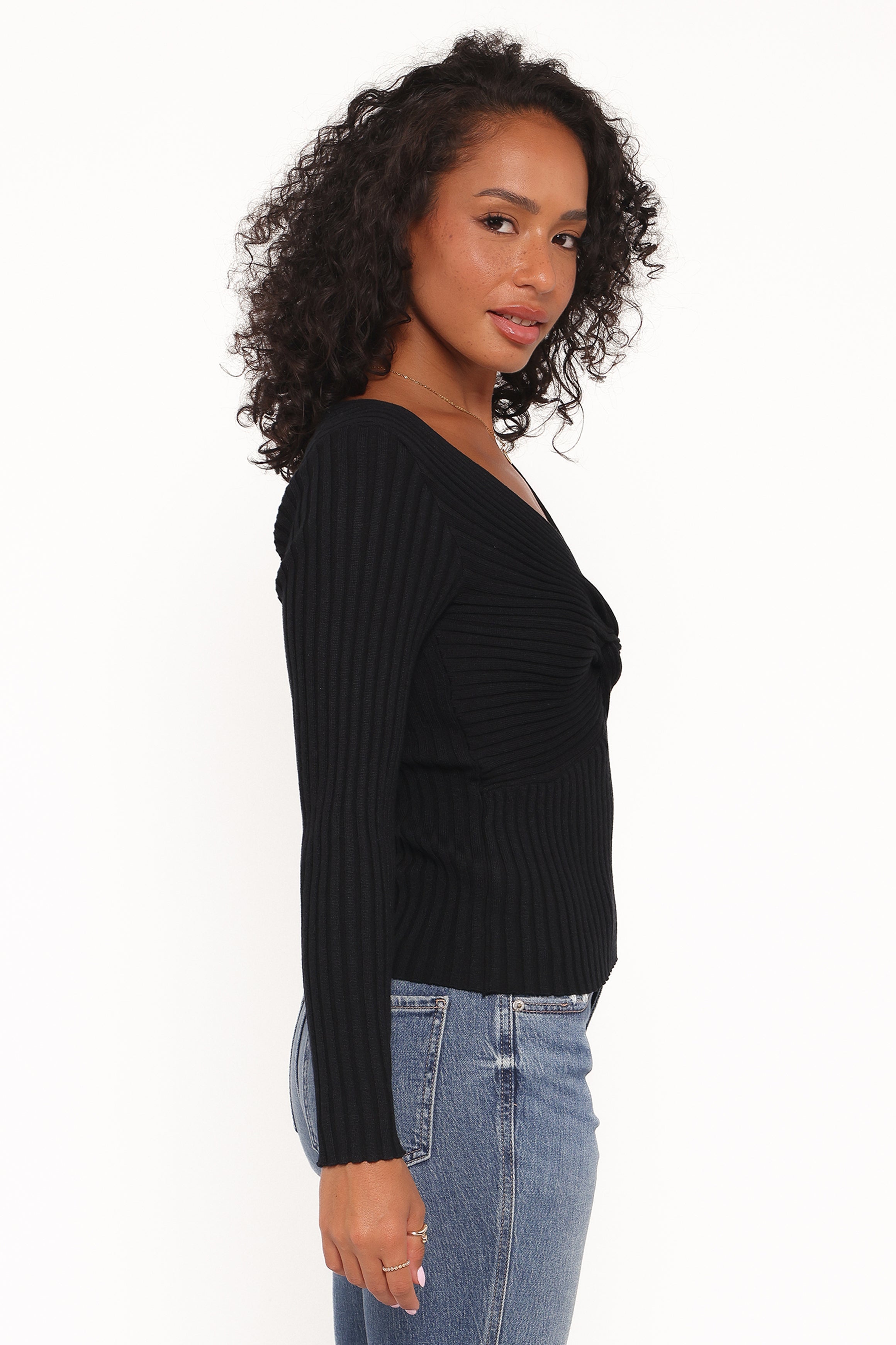 Demi Twist Detail Knit Top - Black