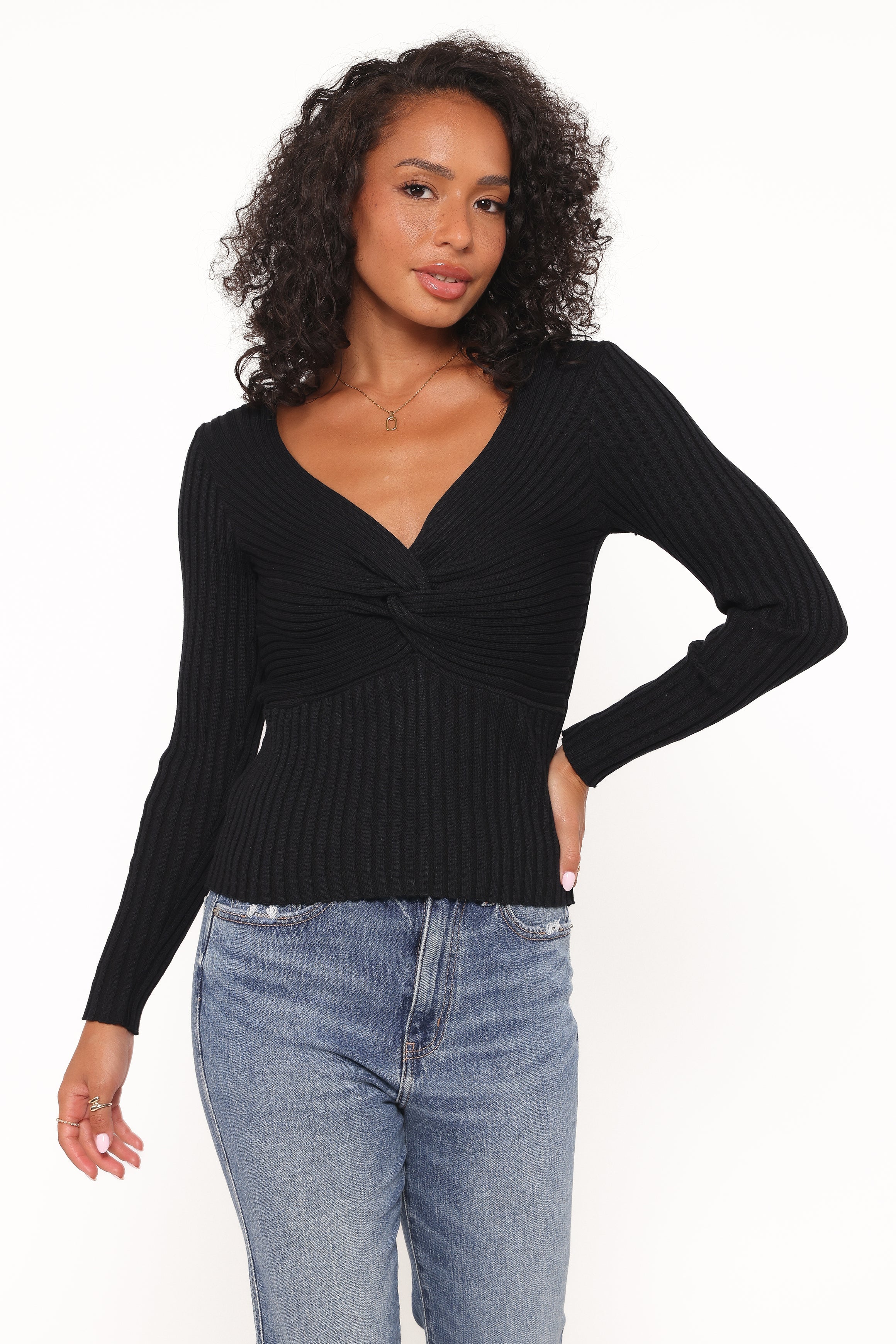 Demi Twist Detail Knit Top - Black