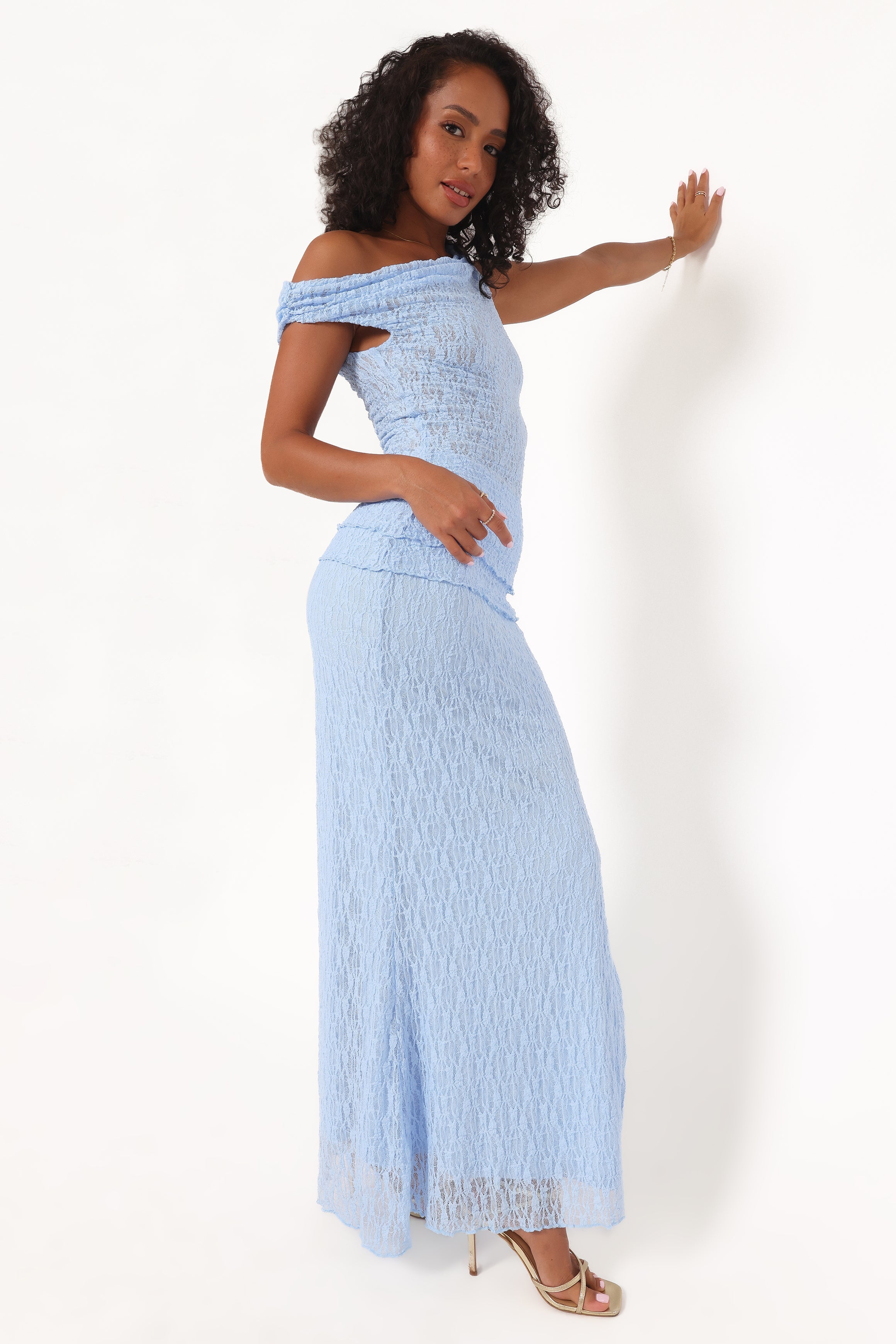 Faeriel Off Shoulder Lace Knit Top - Blue