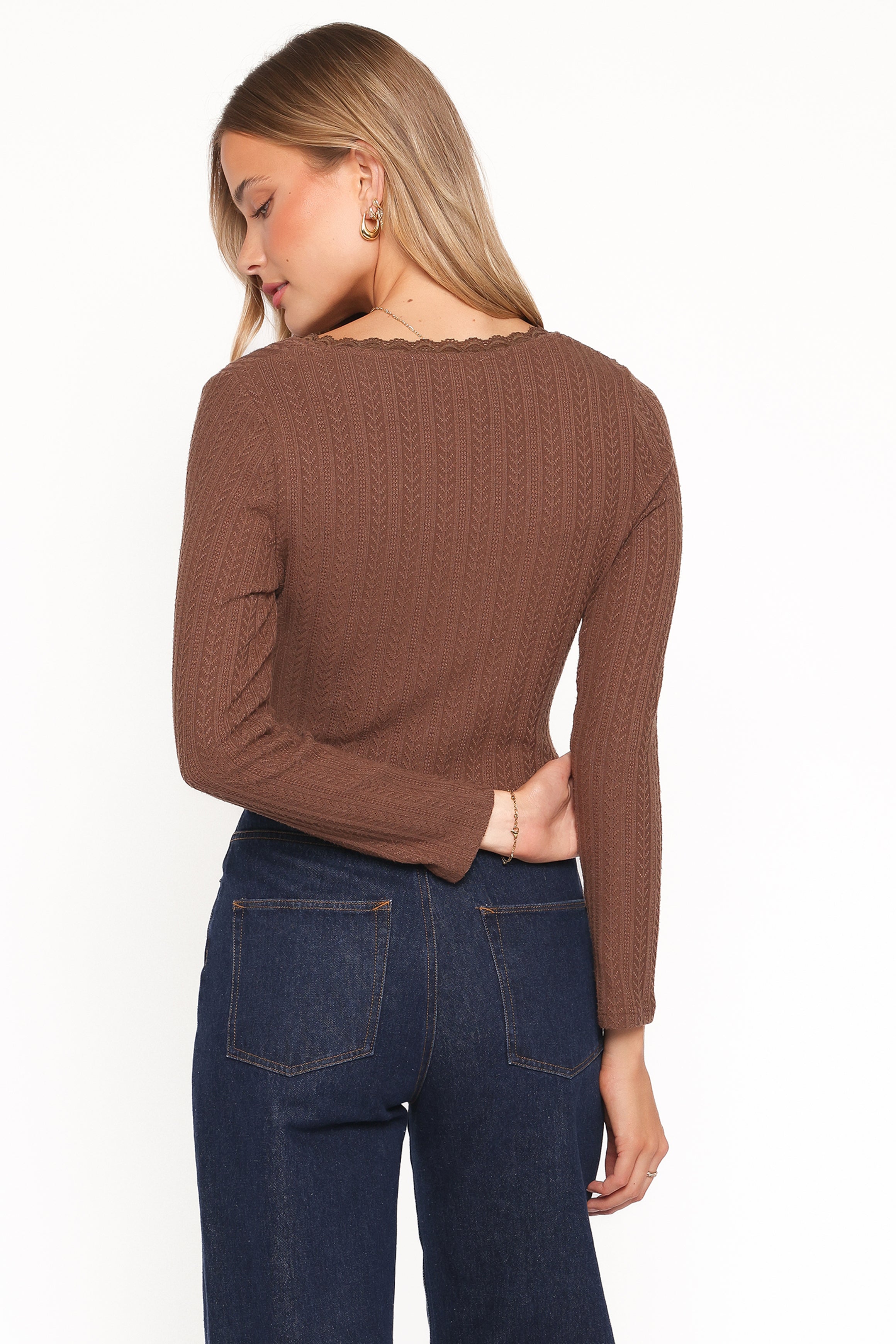 Leslie Long Sleeve Textured Button Front Top - Chocolate
