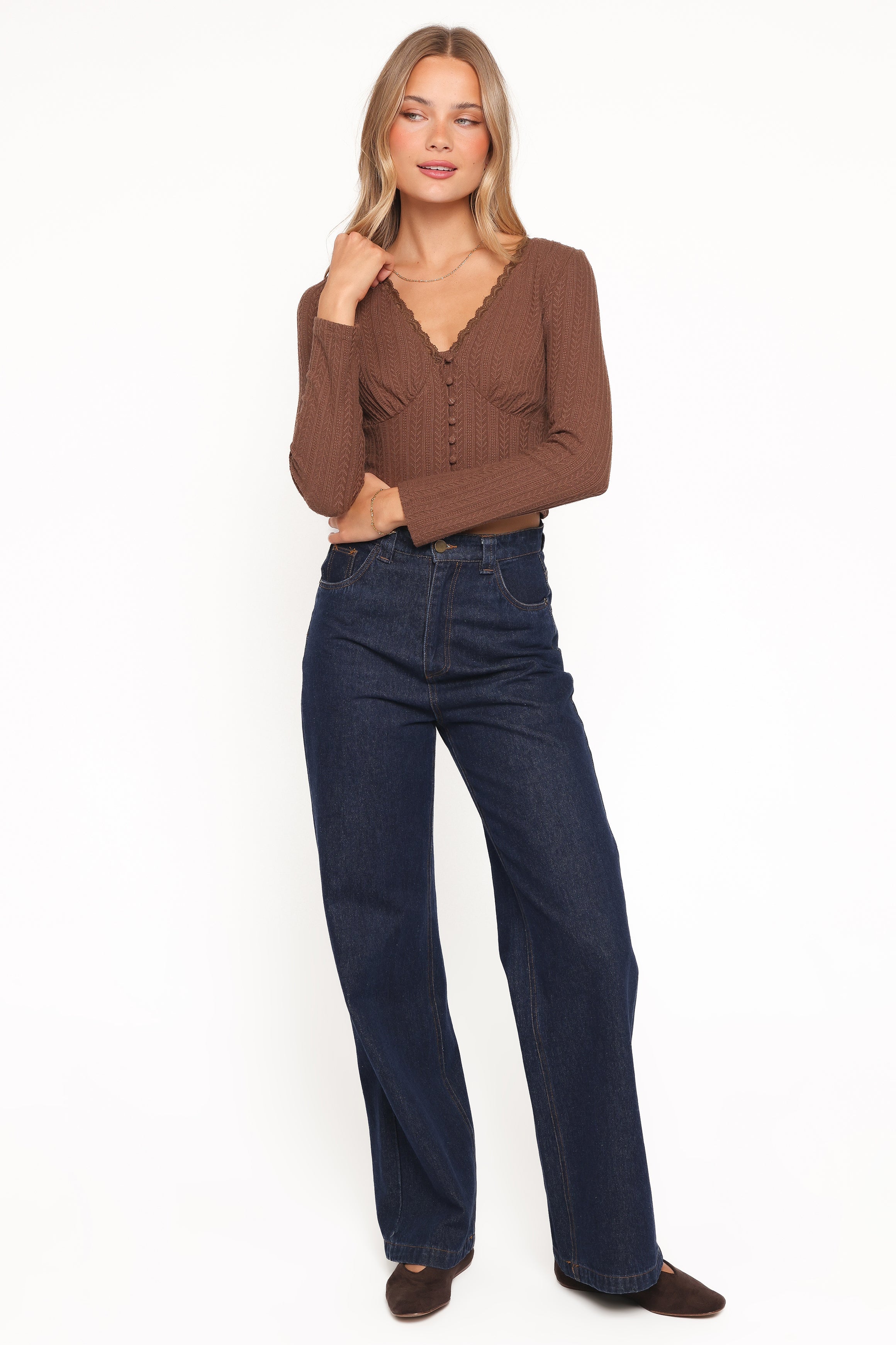 Leslie Long Sleeve Textured Button Front Top - Chocolate