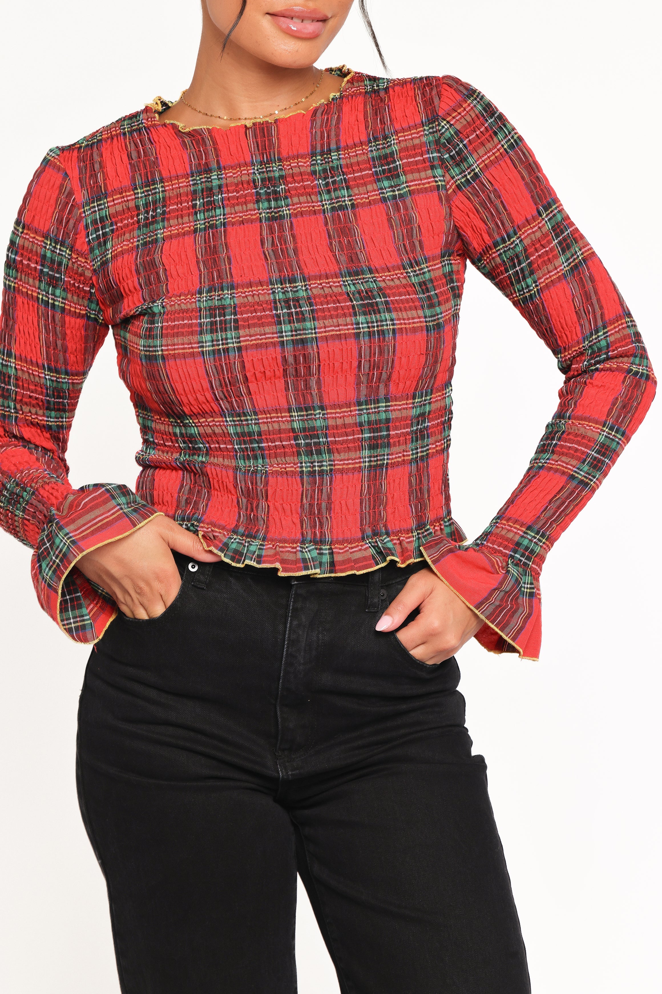 Lillee Ruched Top - Red Plaid