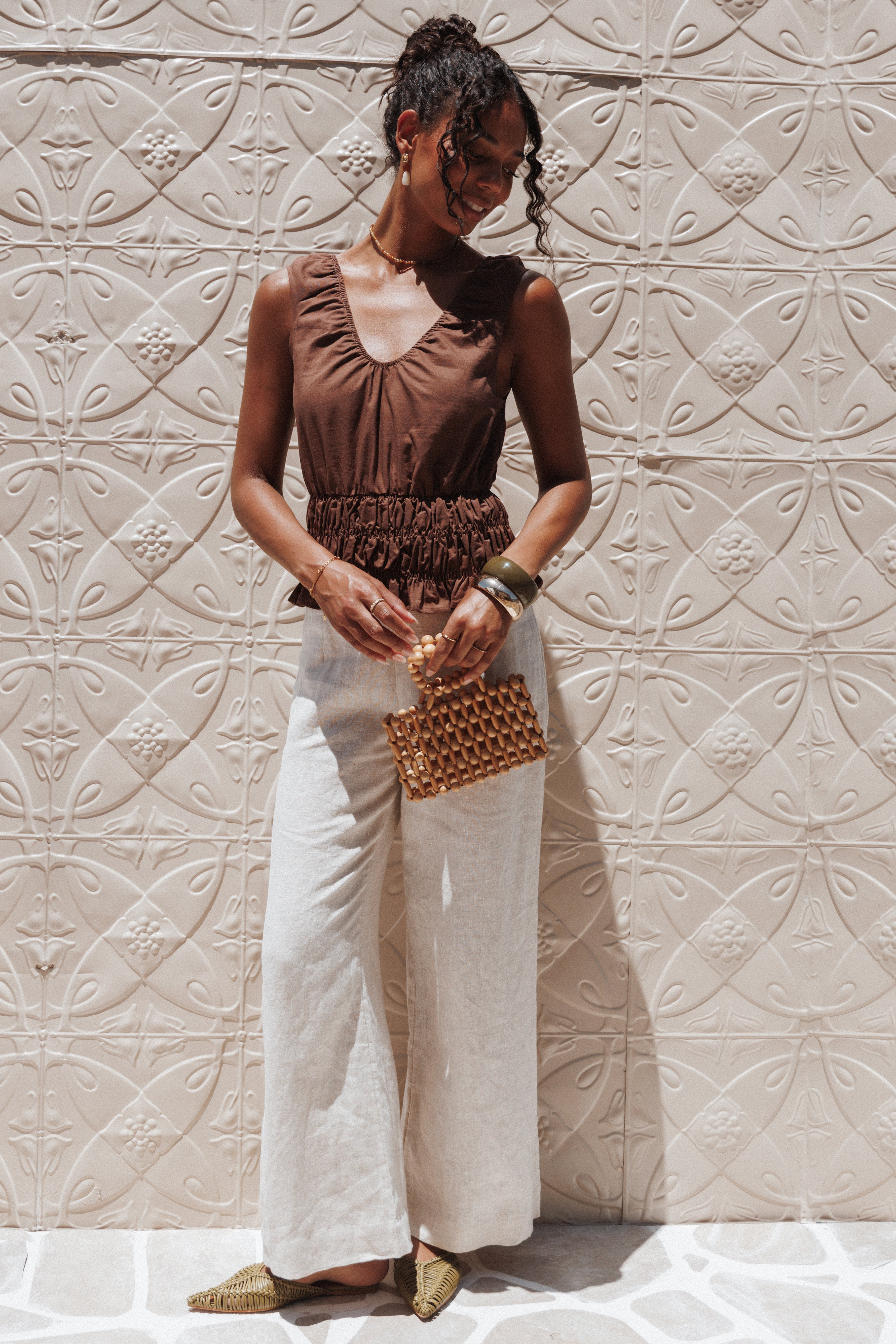 Lucilla Shirred Waist Top - Chocolate